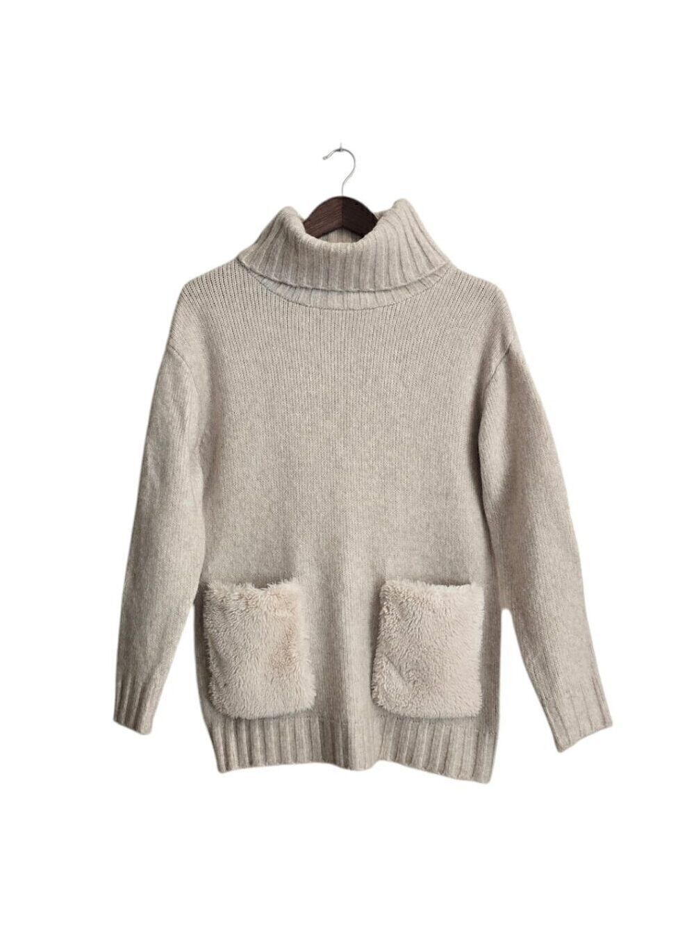 Magaschoni Knitted Wool Blend Turtleneck Sweater With Faux Fur Pockets Sz XS